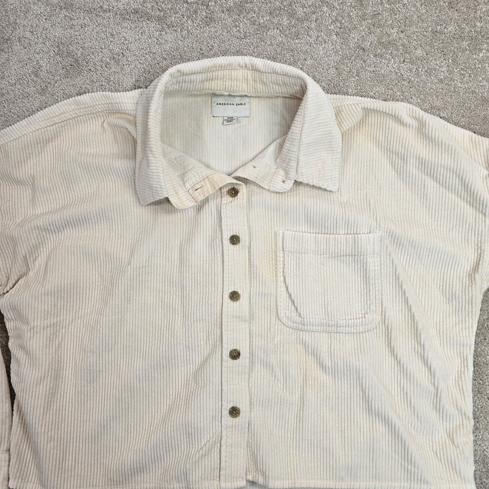 American Eagle Womens Corduroy Shacket Cream Button Up Shirt Jacket Pockets Sz M